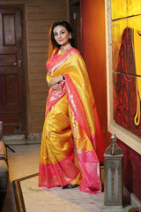 Fantastic Yellow With Pink Color Soft Lichi Silk Party Wear Saree