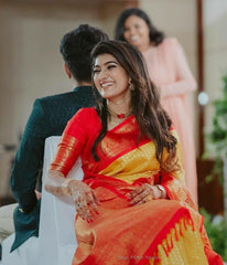 Glossy Yellow With Red Color Soft Lichi Silk Saree