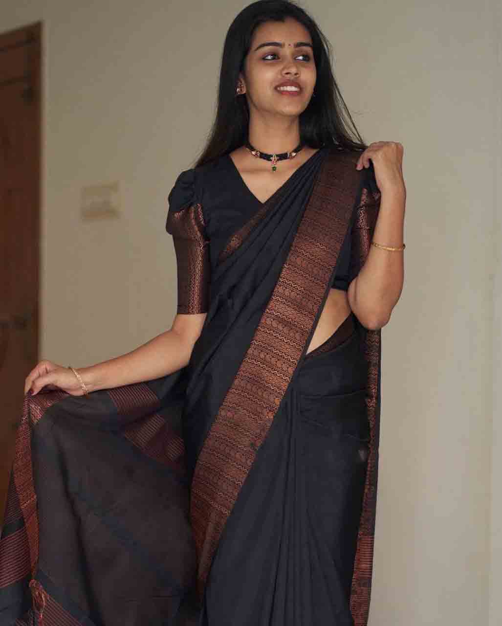 Pretty Black Color Soft Silk Coper Zari Weaving Saree