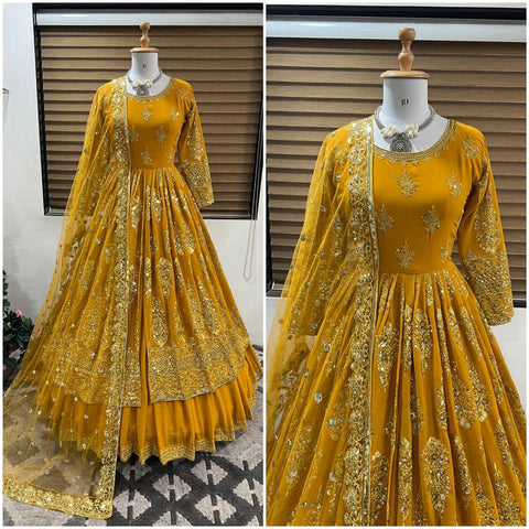 Heavy Embroidery Sequence Work Yellow Color Lehenga Choli