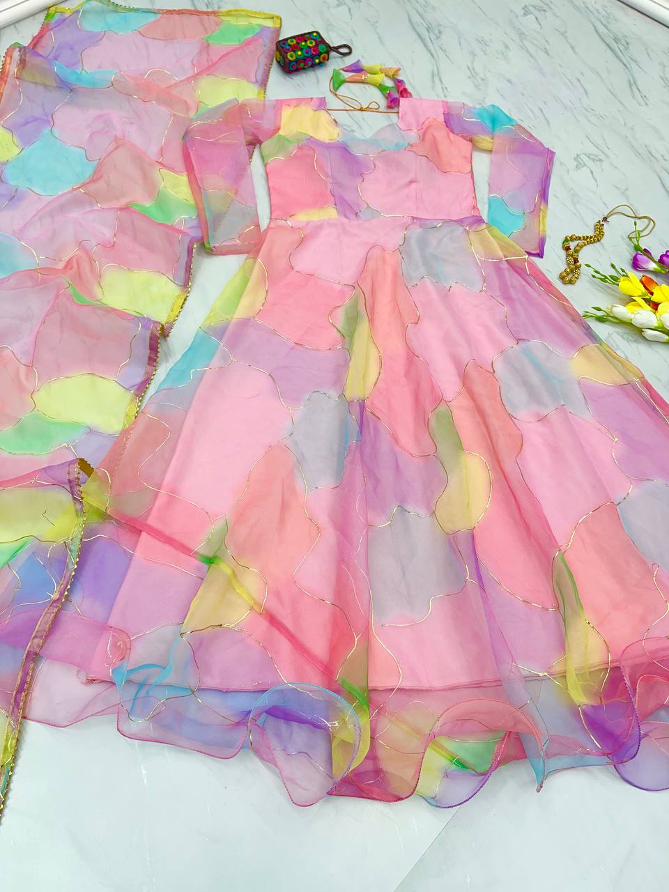 Foil Digital Print Multi With Pink Color Gown