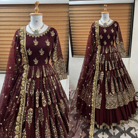 Heavy Embroidery Sequence Work Wine Color Lehenga Choli