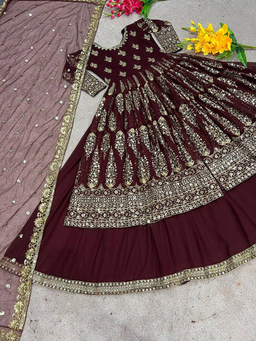 Heavy Embroidery Sequence Work Wine Color Lehenga Choli