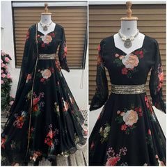 Flattering Black Color Digital Printed Anarkali Suit