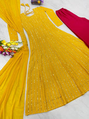 Nayra Cut Yellow Color Sequence Top With Palazzo