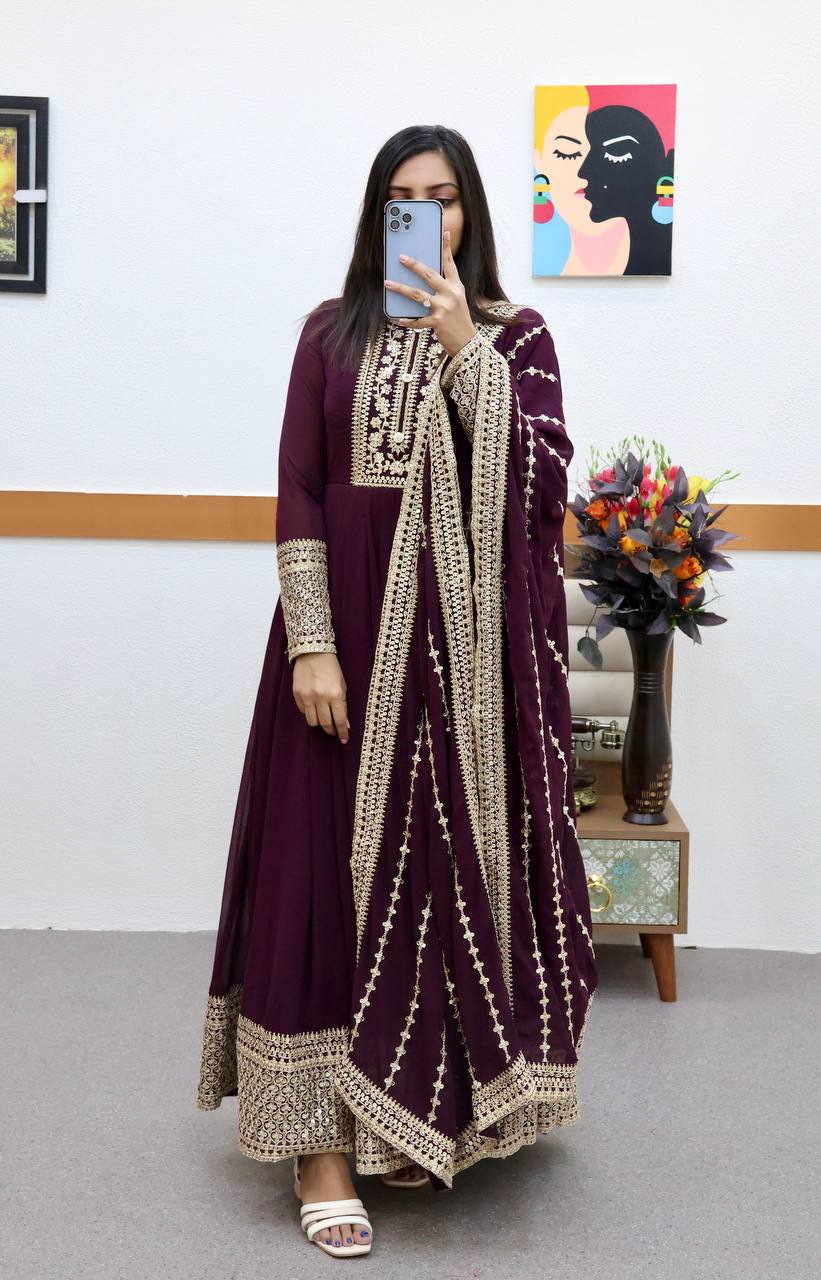 Alluring Wine Color Sequence Embroidery Work Gown