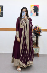 Alluring Wine Color Sequence Embroidery Work Gown