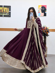 Alluring Wine Color Sequence Embroidery Work Gown