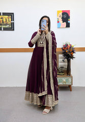 Alluring Wine Color Sequence Embroidery Work Gown