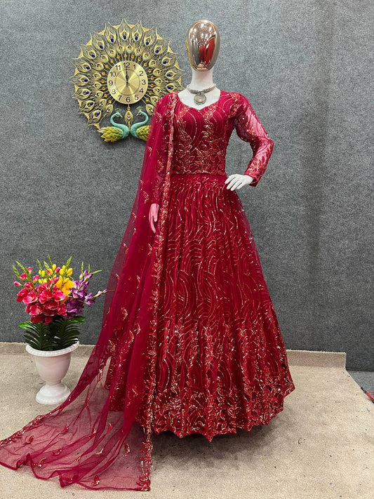 Precious Butterfly Net 3mm Sequence Red Color Gown