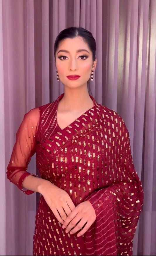 Glimmering Maroon Color Sequence Work Saree