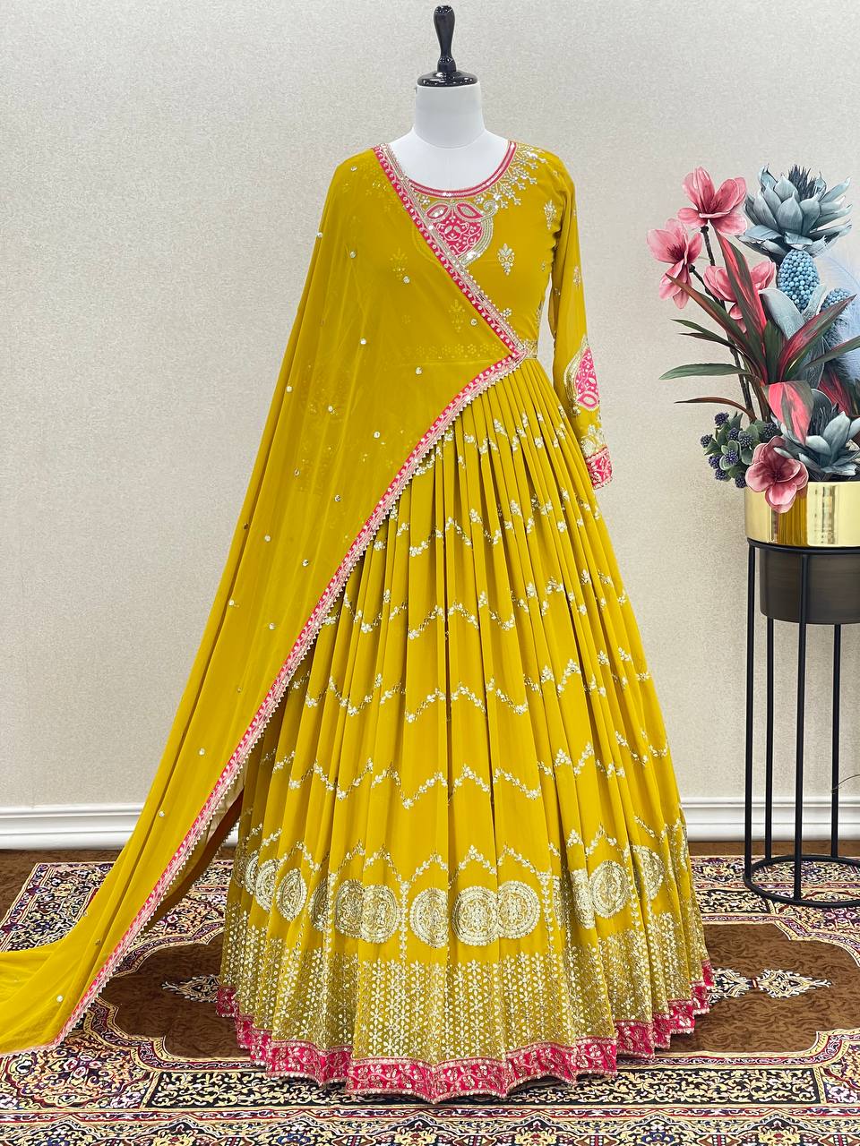Luxuriant Yellow Color Sequence Work Gown