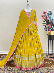 Luxuriant Yellow Color Sequence Work Gown