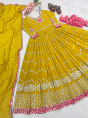 Luxuriant Yellow Color Sequence Work Gown