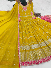 Luxuriant Yellow Color Sequence Work Gown