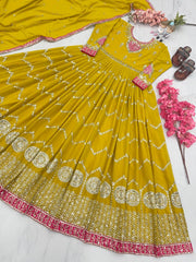 Luxuriant Yellow Color Sequence Work Gown