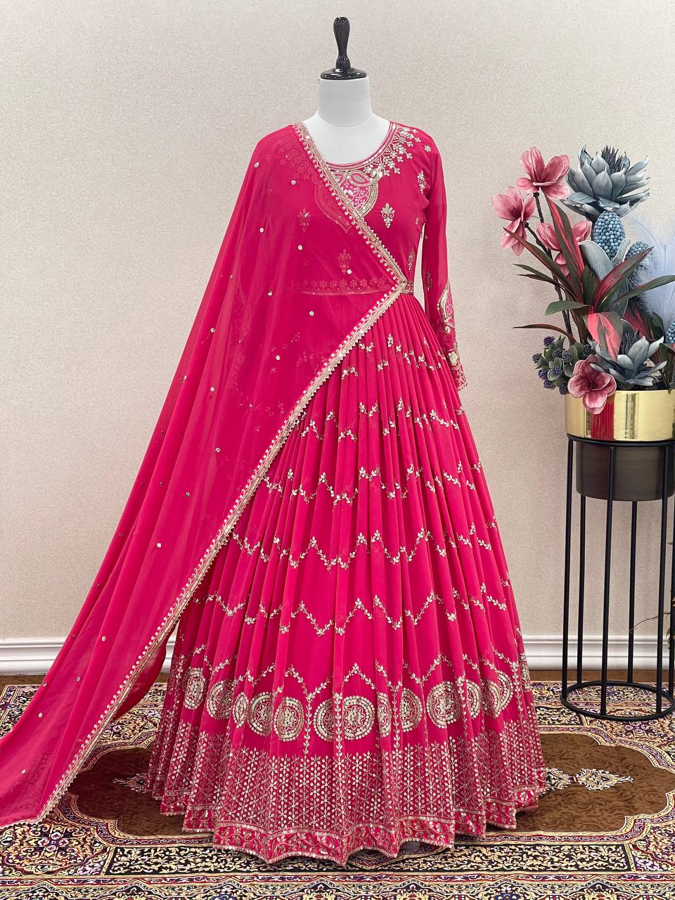 Luxuriant Pink Color Sequence Work Gown