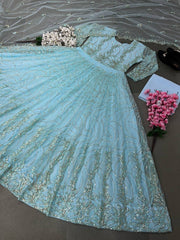 Precious Butterfly Net 3mm Sequence Sky Blue Color Gown