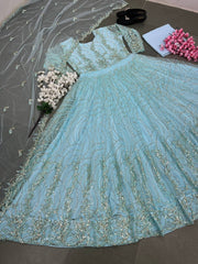 Precious Butterfly Net 3mm Sequence Sky Blue Color Gown