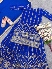 Girls Blue Color Embroidered Sharara Suit Set