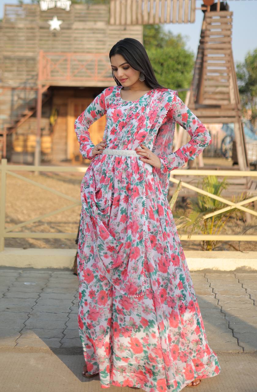 Luxuriant White Color Digital Printed Gown