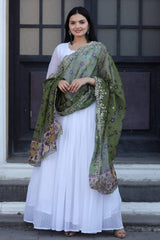 Beautiful Print Organza Green Color Dupatta With White Gown