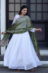Beautiful Print Organza Green Color Dupatta With White Gown