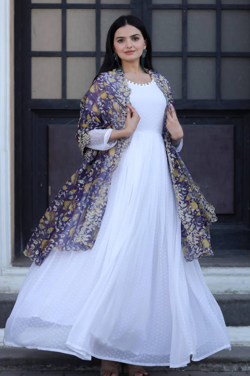 Beautiful Print Organza Purple Color Dupatta With White Gown