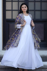Beautiful Print Organza Purple Color Dupatta With White Gown