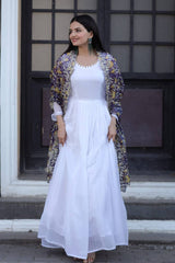 Beautiful Print Organza Purple Color Dupatta With White Gown