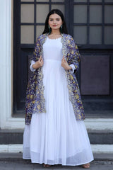 Beautiful Print Organza Purple Color Dupatta With White Gown