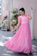 Polka Dot Print Light Pink Color Ruffle Gown