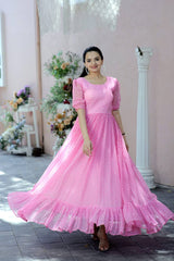 Polka Dot Print Light Pink Color Ruffle Gown