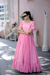 Polka Dot Print Light Pink Color Ruffle Gown