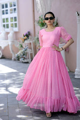 Polka Dot Print Light Pink Color Ruffle Gown