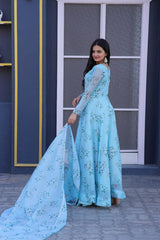 Flattering Sky Blue Color Flower Print Gown