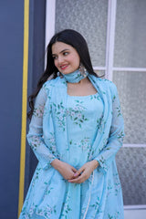 Flattering Sky Blue Color Flower Print Gown