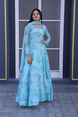 Flattering Sky Blue Color Flower Print Gown