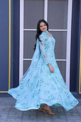 Flattering Sky Blue Color Flower Print Gown