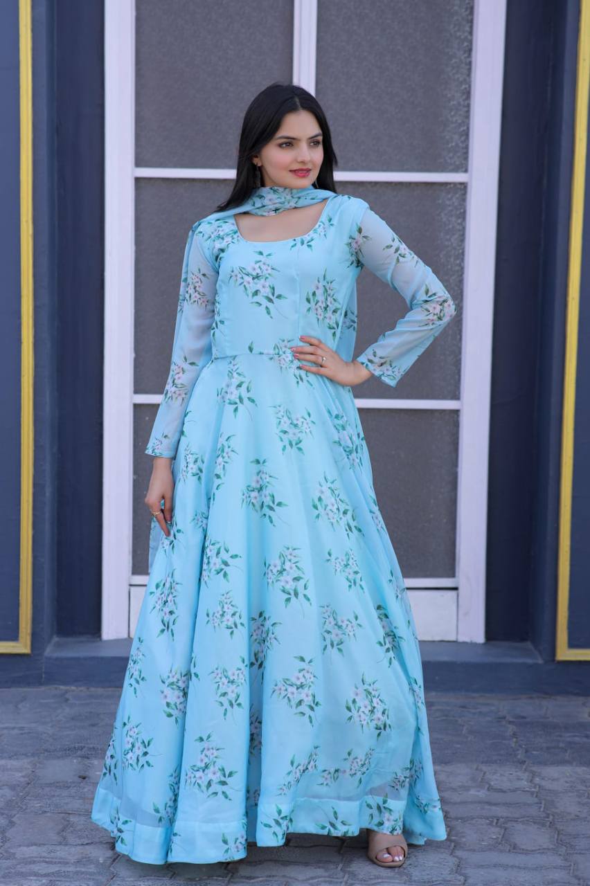 Flattering Sky Blue Color Flower Print Gown