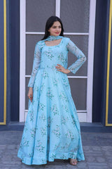Flattering Sky Blue Color Flower Print Gown