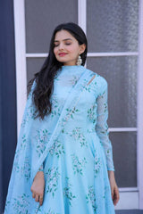 Flattering Sky Blue Color Flower Print Gown