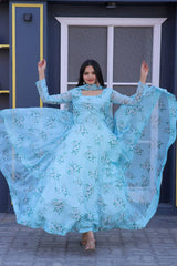 Flattering Sky Blue Color Flower Print Gown