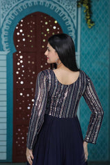 Embellished Sequence Work Blue Color Long Gown