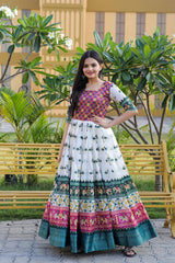 Precious White Color With Green Print Patola Silk Gown