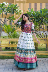 Precious White Color With Green Print Patola Silk Gown