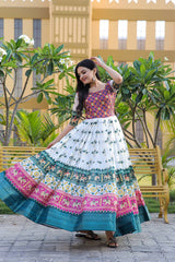 Precious White Color With Green Print Patola Silk Gown