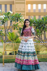 Precious White Color With Green Print Patola Silk Gown