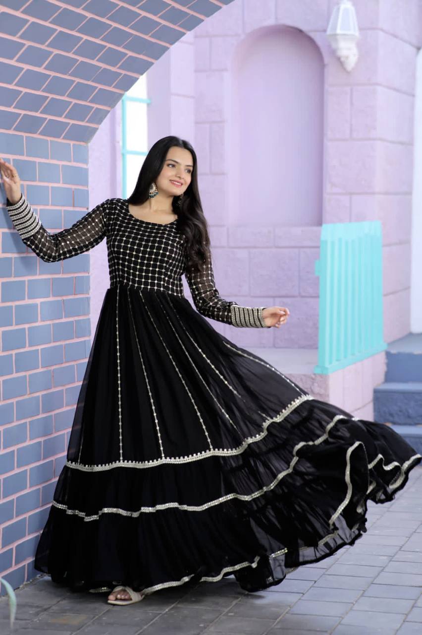 Demanding Black Color Embroidered Work Gown