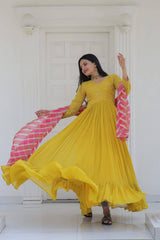 Embroidered Yellow Gown With Leheriya Print Dupatta